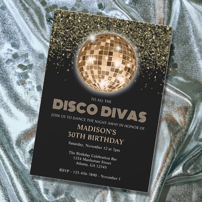 Invitación Purpurina Black Gold 30 Fiesta disco de cumpleaños (Subido por el creador)