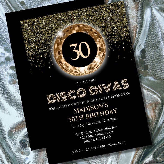 Invitación Purpurina Black Gold 30 Fiesta disco de cumpleaños (Subido por el creador)