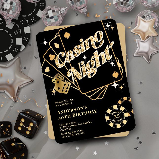 Invitación Purpurina Black & Gold Sparkling Vegas Casino Nigh (Glitter Black & Gold Sparkling Vegas Casino Night Invitation )