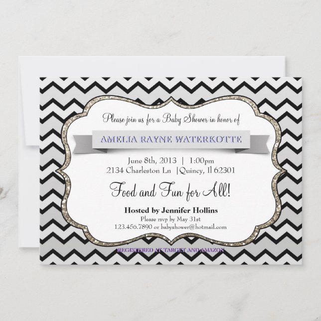Invitación Purpurina Black Ice Gold Chevron Baby Shower (Anverso)