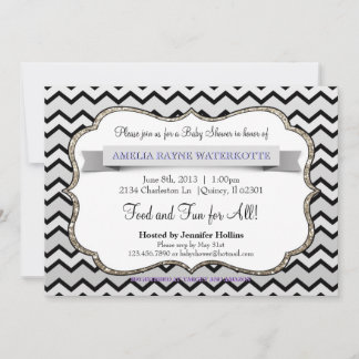 Invitación Purpurina Black Ice Gold Chevron Baby Shower