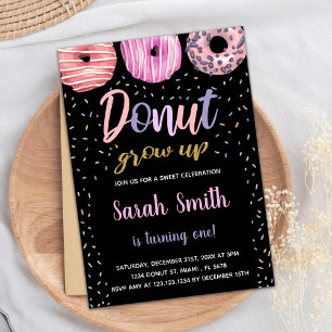 Invitación Purpurina Black Pink Light Donut Cumpleaños