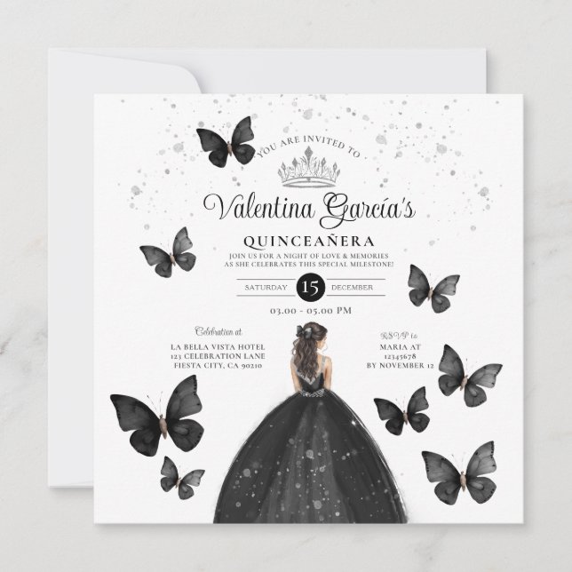 Invitación Purpurina Black Quinceañera 15 Anos Buttefly Silve (Anverso)