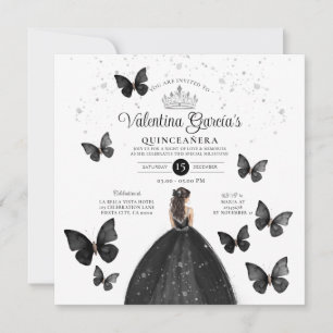Invitación Purpurina Black Quinceañera 15 Anos Buttefly Silve