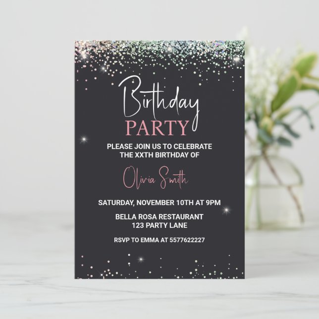 Invitación Purpurina Black Sparkle Birday Party (Anverso de pie)