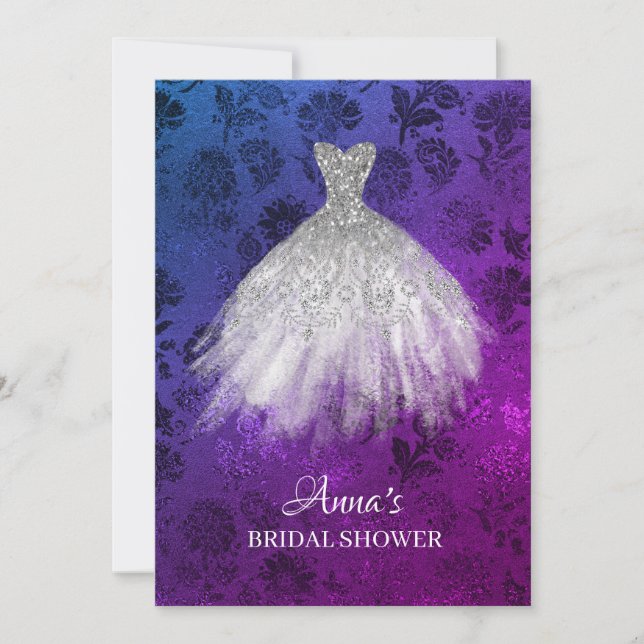 Invitación *~* Purpurina blanca Vestido de novia Ducha de tra (Anverso)