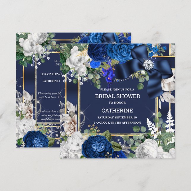 Invitación Purpurina blanco azul real arco diamante elegante  (Anverso / Reverso)