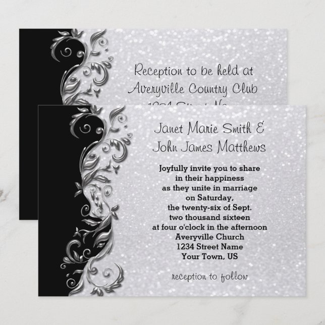 Invitación Purpurina blanco, Boda floral negro y plateado (Anverso / Reverso)