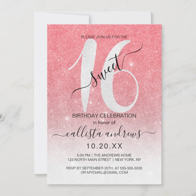 Invitación Purpurina Blanco Coral Girly Sparkly Ombre Sweet 1 (Anverso)