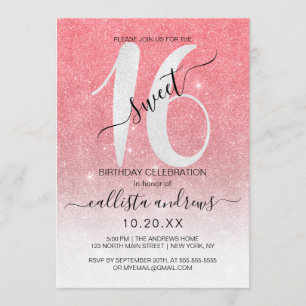 Invitación Purpurina Blanco Coral Girly Sparkly Ombre Sweet 1