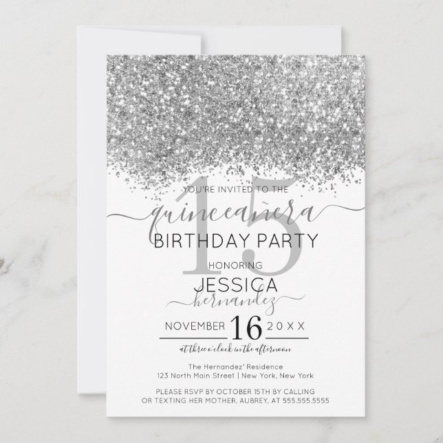 Invitación Purpurina blanco de lujo Confetti Quinceañera (Anverso)