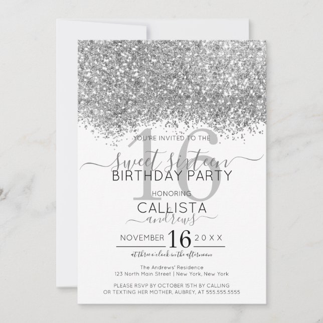 Invitación Purpurina blanco de lujo Confetti Sweet 16 (Anverso)