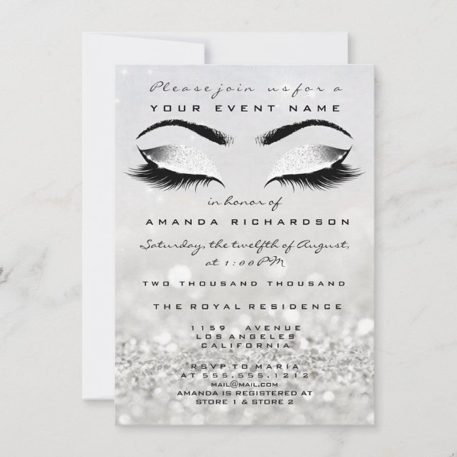 Invitación Purpurina blanco de maquillaje plateado 16ª ducha  (Anverso)