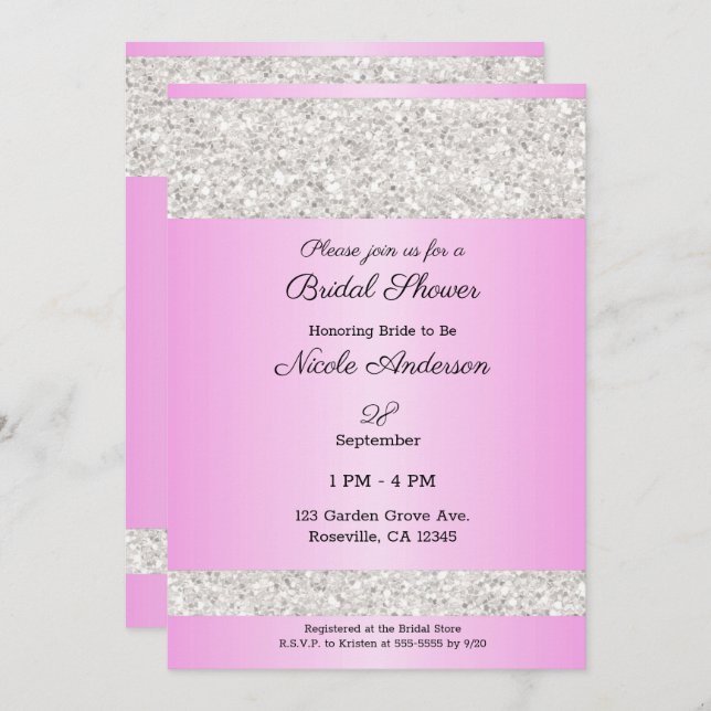 Invitación Purpurina blanco Esparkle Glam rosa ducha de novia (Anverso / Reverso)