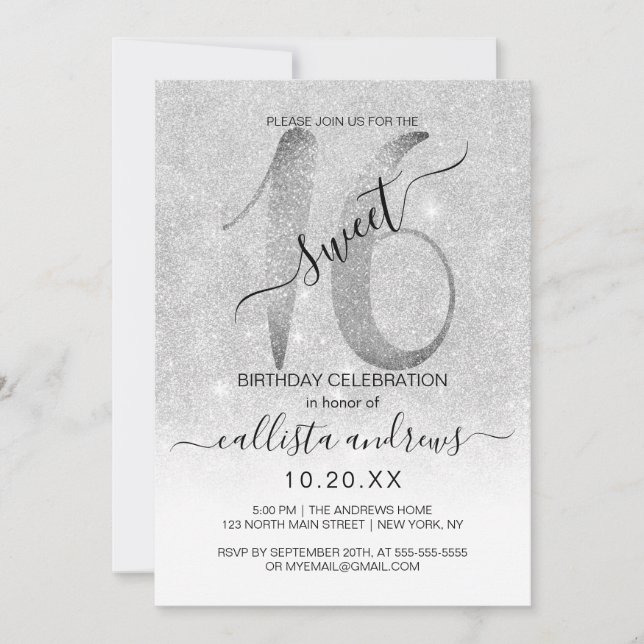 Invitación Purpurina Blanco Girly Sparkly Silver Ombre Sweet  (Anverso)