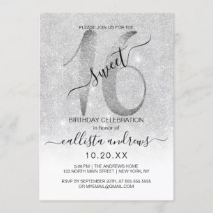 Invitación Purpurina Blanco Girly Sparkly Silver Ombre Sweet