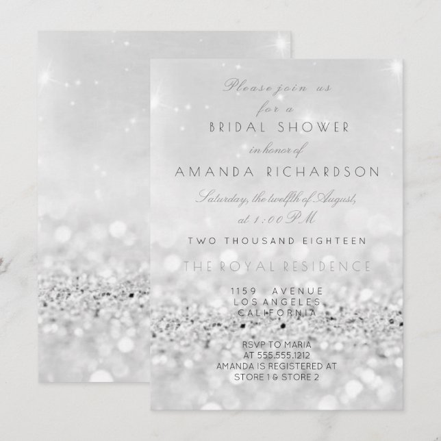 Invitación Purpurina blanco gris plateado ducha de novia (Anverso / Reverso)