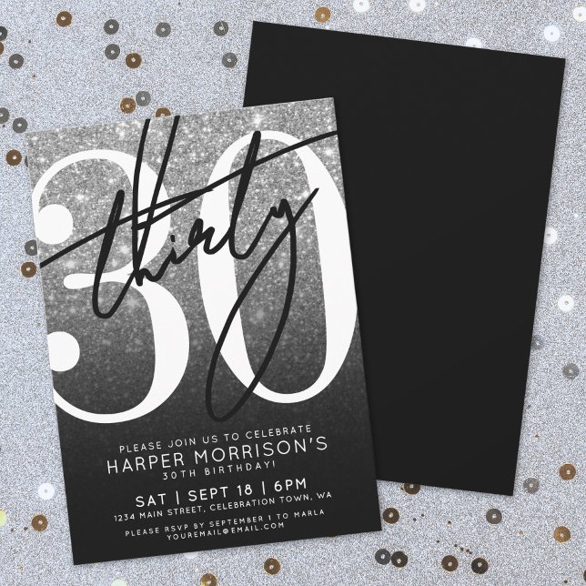 Invitación Purpurina Blanco Negro, 30 años (Black White Glitter 30th Birthday Invitation)