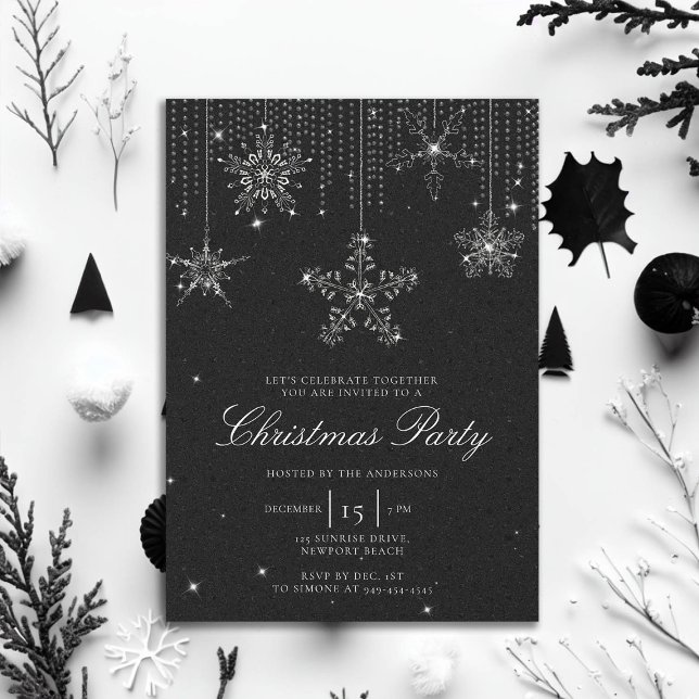 Invitación Purpurina blanco negro arrastra a Navidades con co (rhinestones glitter drips christmas party invitation elegant black white modern minimalist classy)