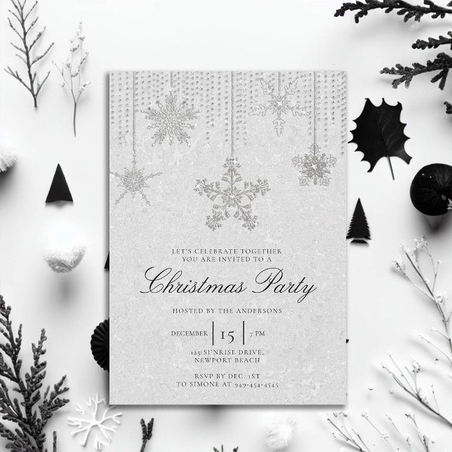 Invitación Purpurina blanco negro arrastra a Navidades con co (rhinestones glitter drips christmas party invitation elegant black white modern minimalist classy)