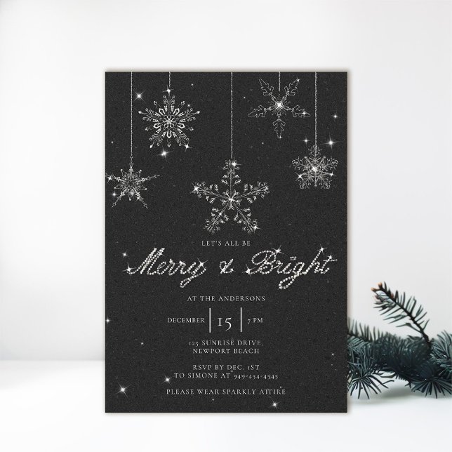 Invitación Purpurina blanco negro brillante de moras Navidade (black white christmas party invitation sparkles glitter snowflakes merry bright elegant modern)