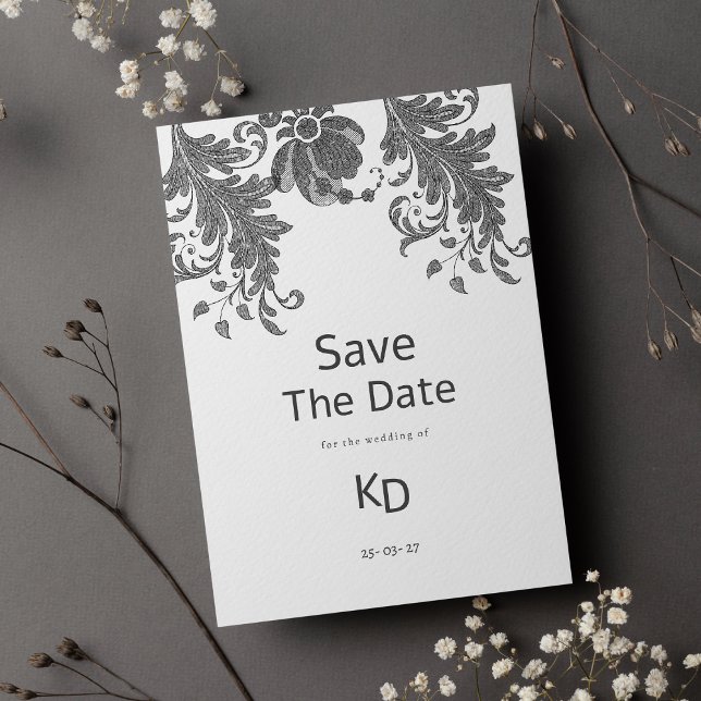 Invitación Purpurina blanco negro encaje floral Guardar la fe (Black white glitter floral lace Save The Date )