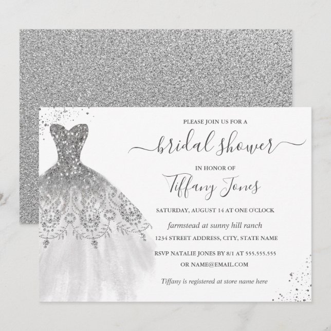 Invitación Purpurina blanco plateado Boda vestida ducha de no (Anverso / Reverso)
