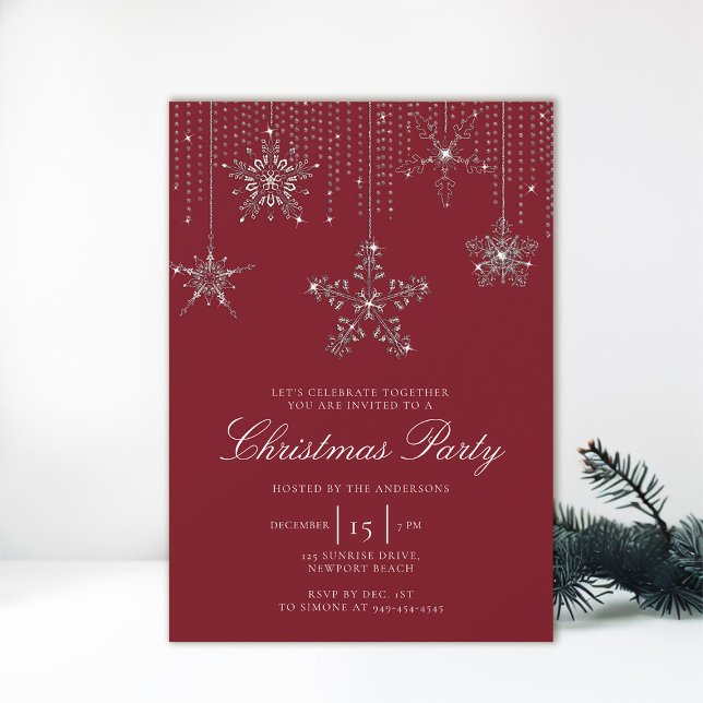 Invitación Purpurina blanco rojo arrastra a Navidades con cop (red white christmas party invitation sparkles glitter snowflakes calligraphy elegant modern)