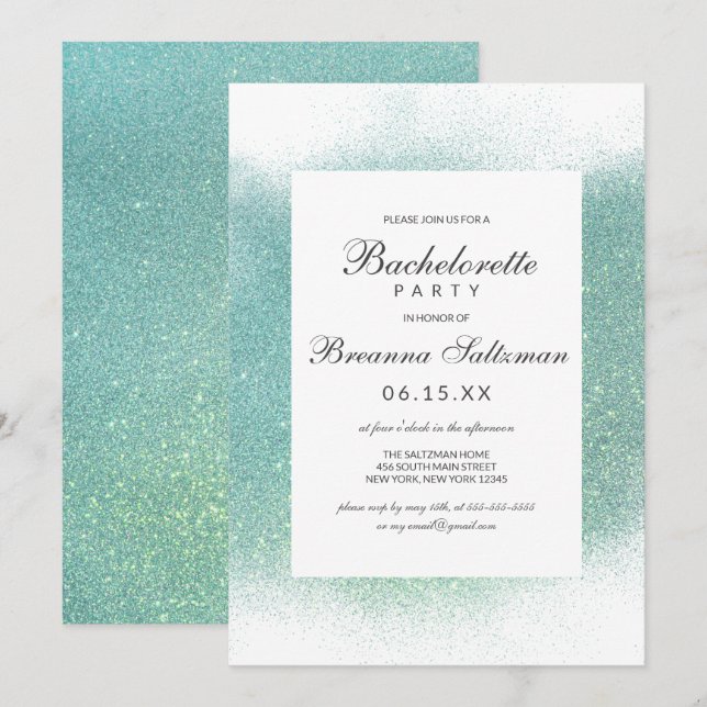 Invitación Purpurina blanco Verde azulado Moda bachillerato d (Anverso / Reverso)