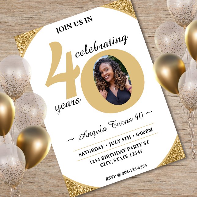 Invitación Purpurina blanco y oro 40 Cincuenta años 40 cumple (White & Gold Glitter 40 Fifty Years 40th Birthday Invitation)