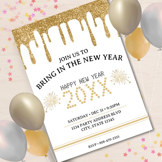 Invitación Purpurina blanco y oro goteo Fiesta de Nochevieja  (White & Gold Glitter Drip New Years Eve Party 2024 Invitation)