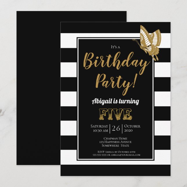 Invitación Purpurina Blanco y Oro Negro 5ª fiesta de cumpleañ (Anverso / Reverso)