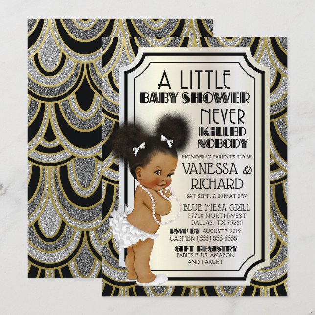 Invitación Purpurina blanco y oro negro de los años 20 (Anverso / Reverso)