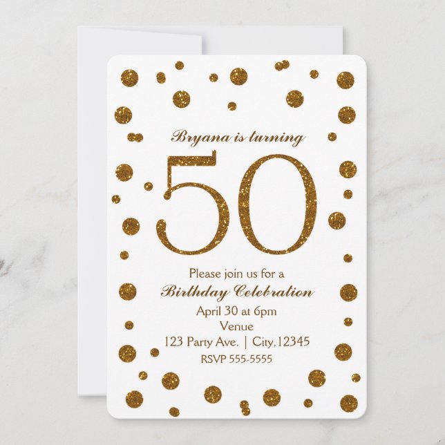 Invitación Purpurina blanco y oro puntos 50.ª fiesta de cumpl (Anverso)