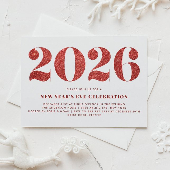 Invitación Purpurina Blanco y Rojo 2024 Fiesta de Nochevieja (Customizable 2026 New Year's Eve party invitation featuring faux red glitter.)