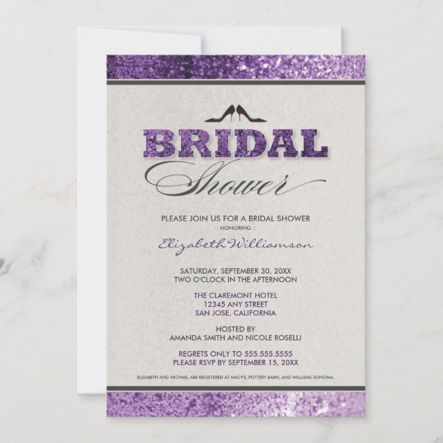 Invitación Purpurina Bling Bridal Shower Invitation (violeta) (Anverso)