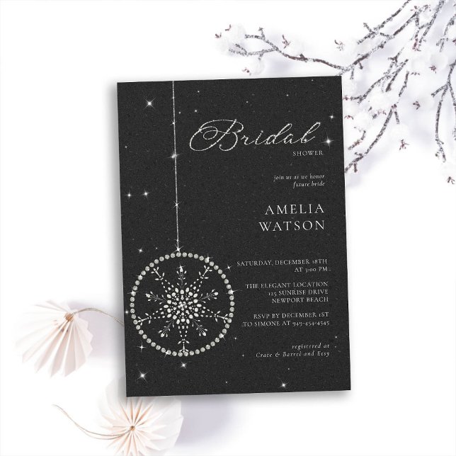 Invitación Purpurina Bling Snowflake Black White Bridal Showe (winter bridal shower invitation christmas bauble snowflake bling rhinestones glitter black white )