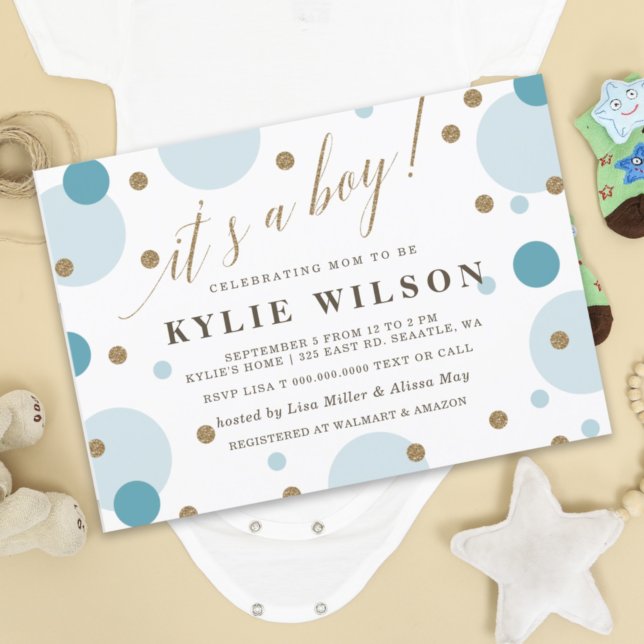 Invitación Purpurina Blue Confetti es un chico Baby Shower (Subido por el creador)