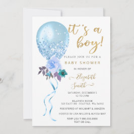 Invitación Purpurina Blue Floral Balloon Boy Baby Shower