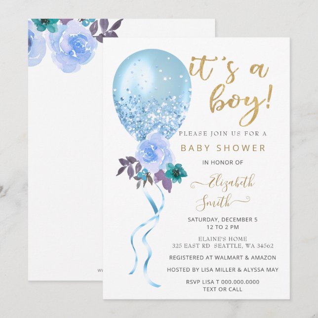Invitación Purpurina Blue Floral Balloon Boy Baby Shower (Anverso / Reverso)