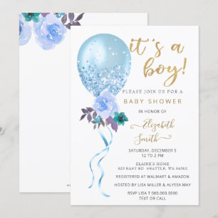 Invitación Purpurina Blue Floral Balloon Boy Baby Shower