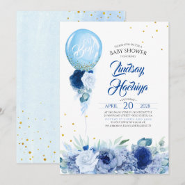 Invitación Purpurina Blue Floral Gold Baby Shower