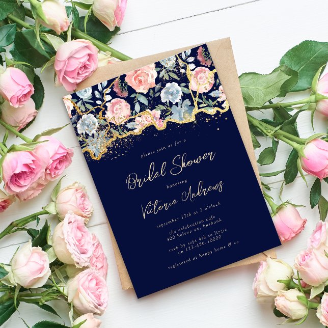 Invitación Purpurina Blue Gold Rosa Floral Bridal Shower (Subido por el creador)