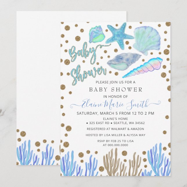 Invitación Purpurina Blue Gold Seashells Sea Beach Baby Showe (Anverso / Reverso)