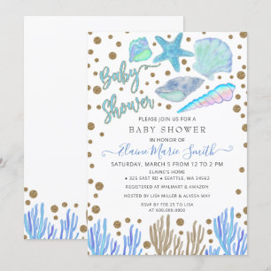 Invitación Purpurina Blue Gold Seashells Sea Beach Baby Showe