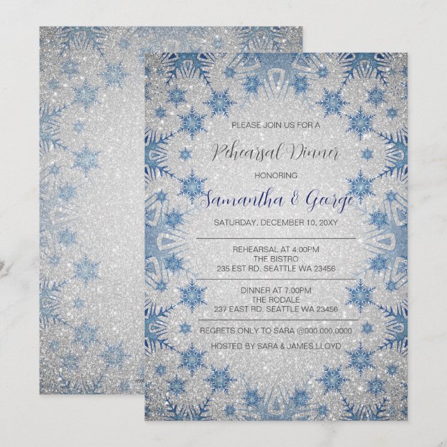 Invitación Purpurina Blue Snowflakes Invierno Ensayo Cena (Anverso / Reverso)