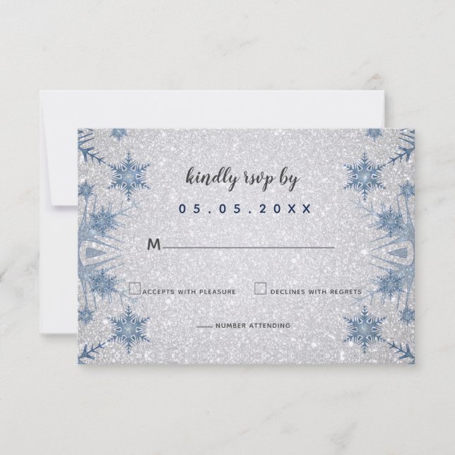 Invitación Purpurina Blue Snowflakes winter Wedding Rsvp (Anverso)