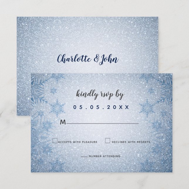 Invitación Purpurina Blue Snowflakes winter Wedding Rsvp (Anverso / Reverso)