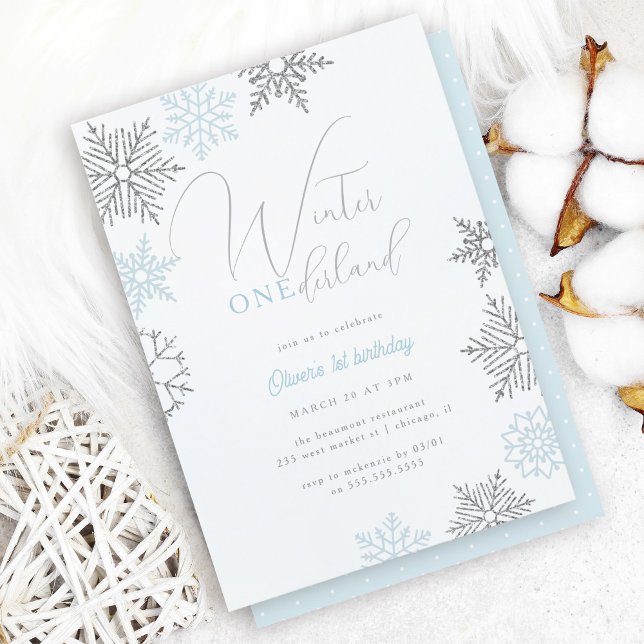 Invitación Purpurina Blue Winter Onederland Silver primer cum (Subido por el creador)
