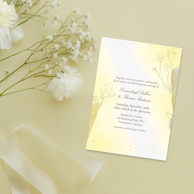 Invitación Purpurina Boda Amarillo Radiante Botánico (Subido por el creador)